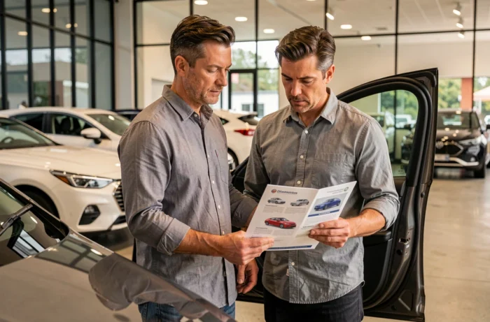 Homme comparant des modèles de voitures dans une salle d'exposition automobile, tenant une brochure de comparaison