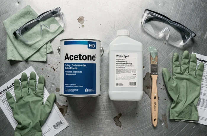 Vue aérienne comparant un flacon d'acétone et un bidon de white spirit côte à côte avec des équipements de protection sur un établi