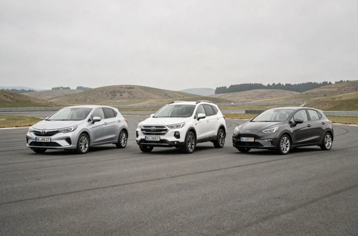 Trois modèles de voitures alignés côte à côte sur un circuit d'essai pour comparer les meilleures voitures du marché