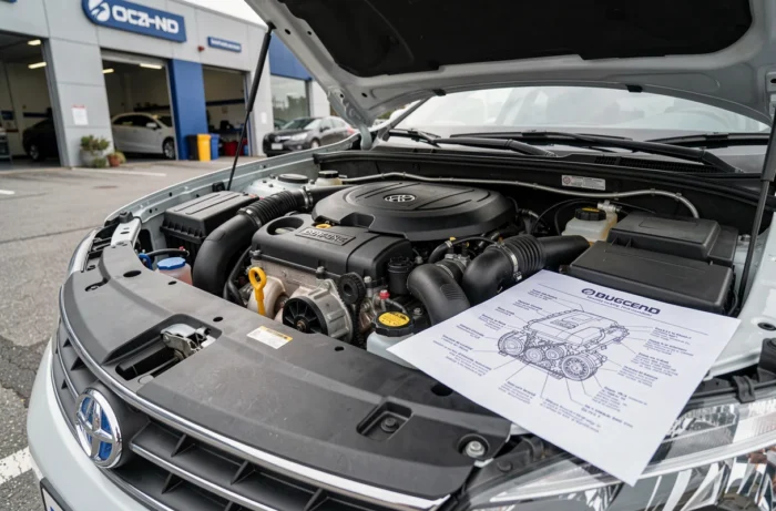 Compartiment moteur ouvert avec capot levé et schéma technique posé à côté dans un centre de réparation automobile