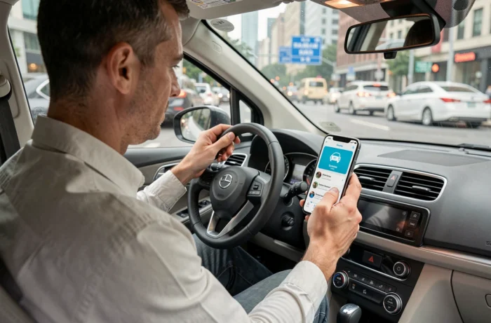 Conducteur d'auto-partage consultant une application mobile sur son smartphone dans sa voiture