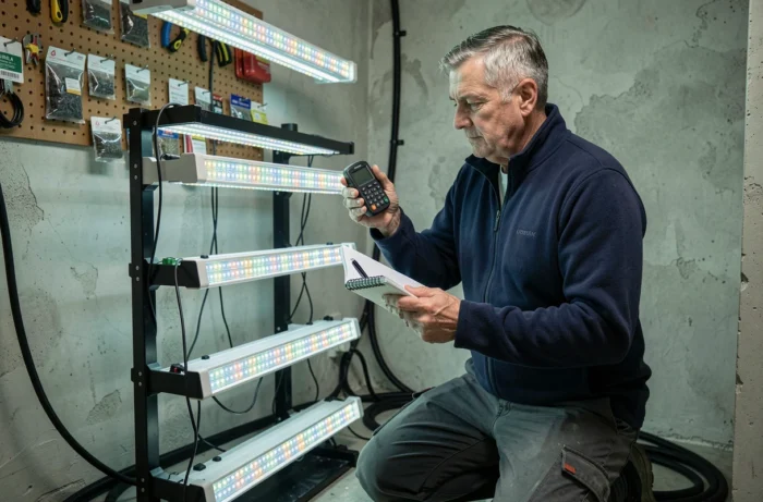 Homme configurant un système d'éclairage LED sur mesure sur une tour hydroponique verticale dans une salle de culture domestique