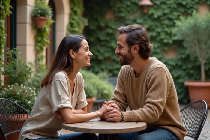 Deux personnes en conversation empathique dans un jardin urbain, représentant la connexion authentique et les relations en conscience 5D