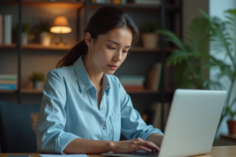 Femme concentrée tentant de se connecter à sa messagerie WebmailNormandie sur un ordinateur portable depuis son bureau à domicile