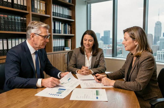 Conseiller en gestion de patrimoine analysant des documents financiers avec un couple lors d'un rendez-vous dans un bureau professionnel