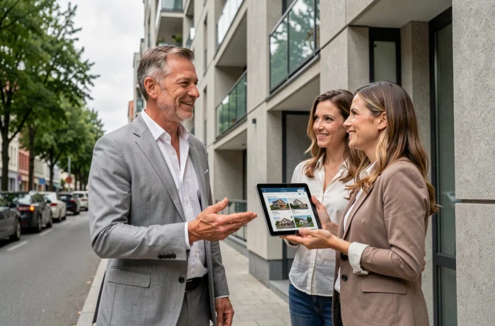 Consulente immobiliare maschile che presenta un immobile residenziale a clienti all'esterno