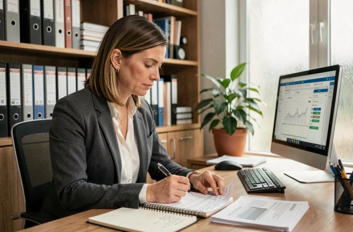 Consulente immobiliare che analizza documenti di valutazione di proprietà in un ufficio domestico