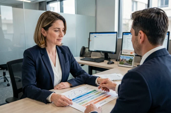 Conseillère bancaire présentant une simulation de prêt immobilier à un client en agence