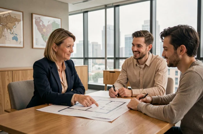 Conseillère immobilière experte présentant des plans de propriété à un couple dans une agence moderne