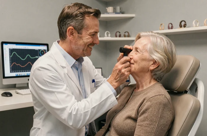 Audioprothésiste examinant l'oreille d'une patiente âgée dans un cabinet d'audiologie moderne à Combs-la-Ville