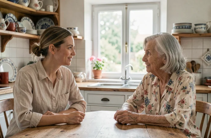 Due donne in conversazione intima in una cucina tradizionale francese, che evocano la trasmissione delle origini e dell'identità familiare