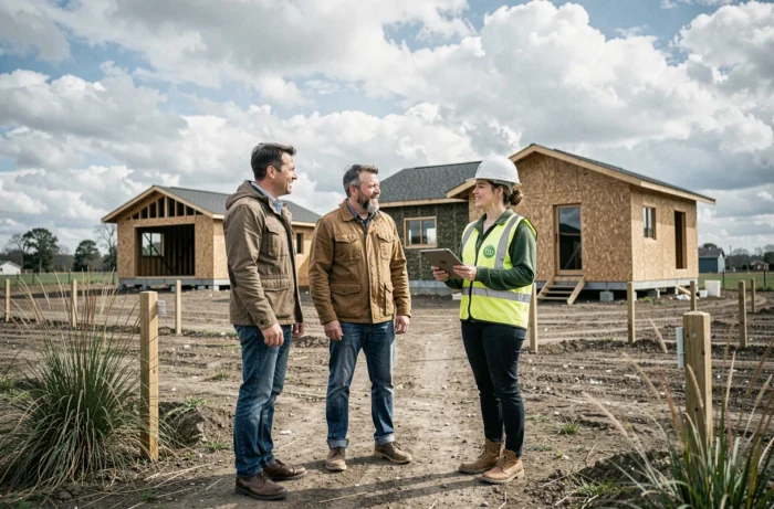 Couple discussing with a responsible builder on an ecological house construction site with straw bale walls