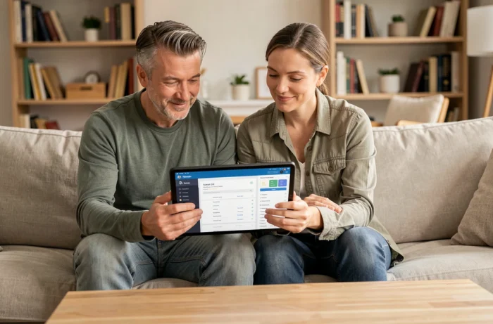 Casal consultando juntos o painel de controle de sua conta bancária LBP em um tablet em uma sala de estar