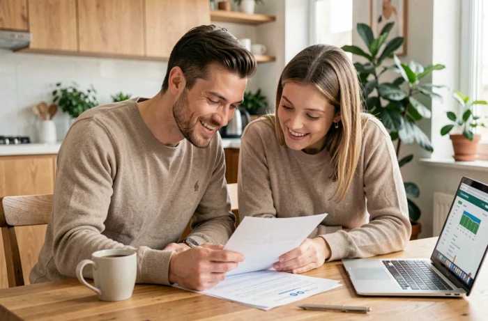 Couple examinant des documents de prêt immobilier à la table de leur appartement moderne