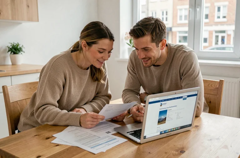 Couple examinant des documents de crédit immobilier à leur table de cuisine dans un appartement moderne