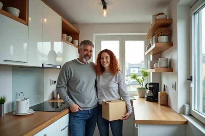 Couple emménageant dans une petite cuisine optimisée et modulable dans un appartement compact en ville