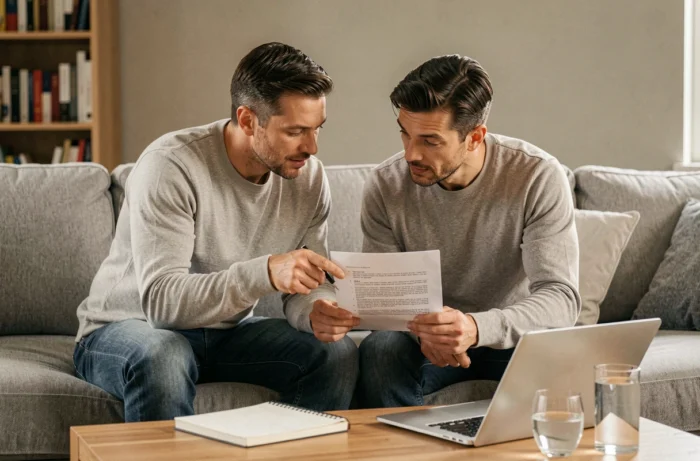 Couple examinant ensemble un contrat de crédit à la maison avant de faire leur choix