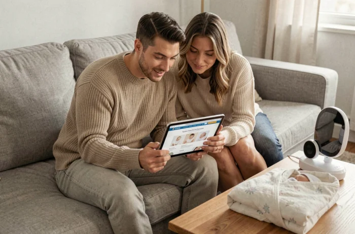 Couple de jeunes parents consultant ensemble le plan du site Carnet de Bébé sur une tablette dans leur salon