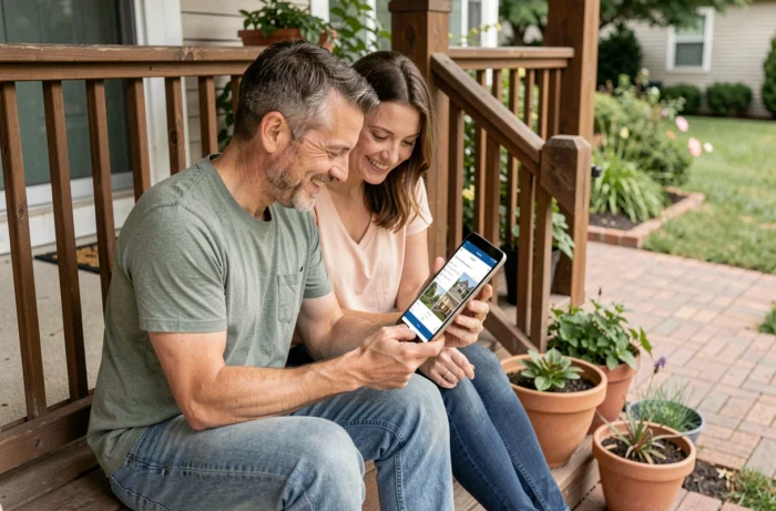 Couple consultant une plateforme de location courte durée sur une tablette devant leur résidence principale