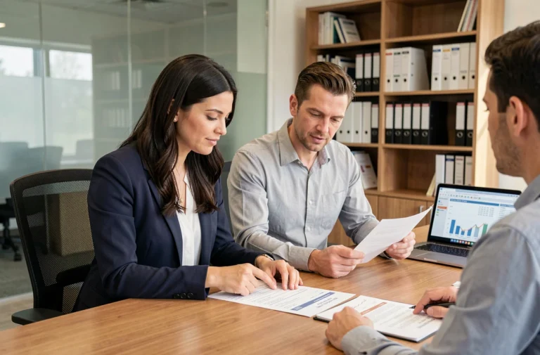 Couple en rendez-vous bancaire pour obtenir un crédit immobilier adapté à leur budget