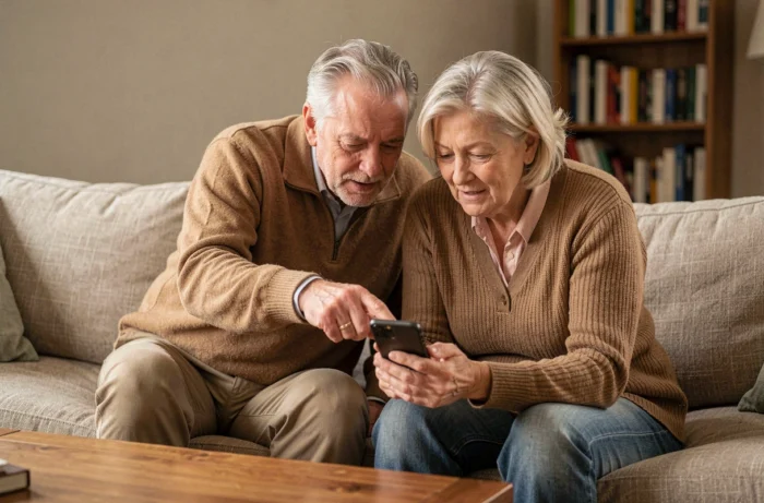 Senior couple consulting a guardianship management application on a smartphone in their living room