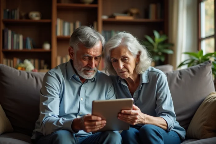 Couple de seniors explorant ensemble une plateforme en ligne de recherche d'archives familiales dans leur salon