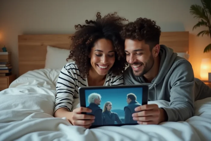Couple regardant Game of Thrones en streaming sur une tablette confortablement installé dans leur chambre