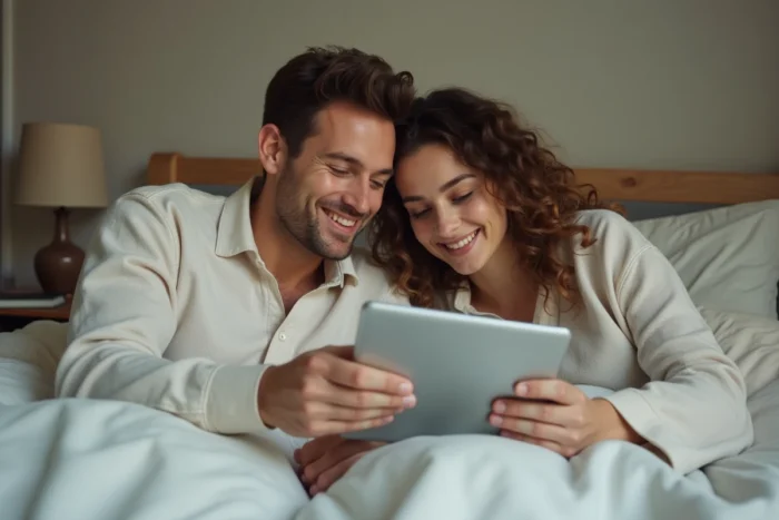 Couple partageant une tablette pour regarder des séries en streaming allongés sur leur lit