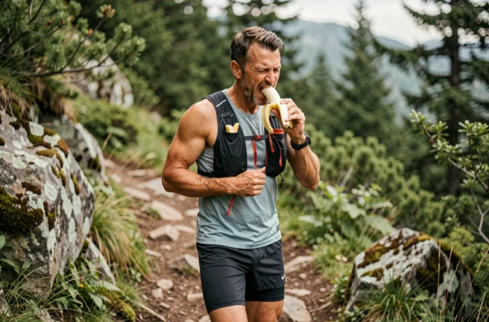 Corridore di trail che mangia una banana durante uno sforzo fisico in montagna per mantenere la sua energia