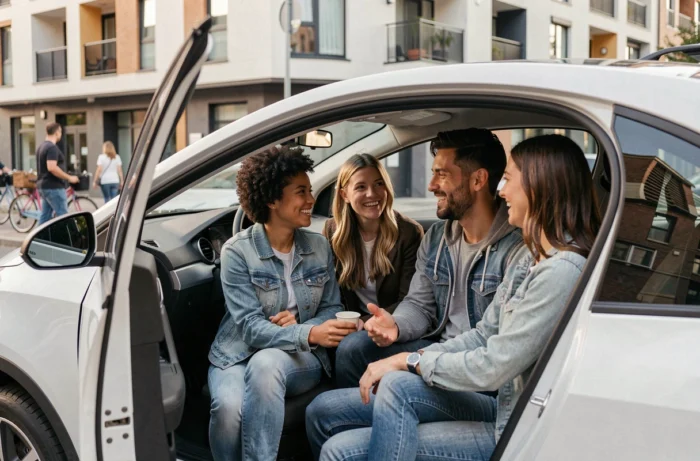Groupe de covoitureurs souriants montant dans une voiture électrique compacte en ville