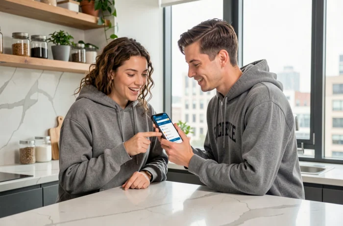 Due amici che scoprono insieme le modalità di abbonamento Amazon Prime su uno smartphone in cucina