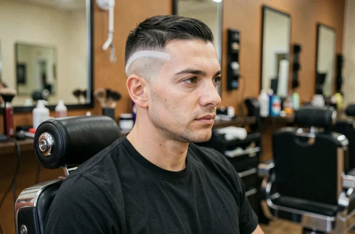 Homme aux cheveux courts avec un dégradé à blanc net sur les tempes assis dans un fauteuil de barbier moderne