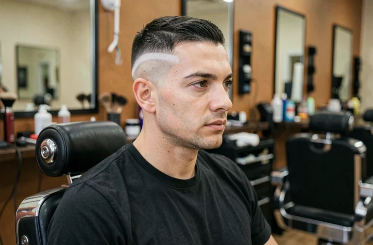 Homme aux cheveux courts avec un dégradé à blanc net sur les tempes assis dans un fauteuil de barbier moderne