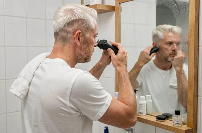 Homme jeune réalisant lui-même un dégradé à blanc court à la maison devant un miroir de salle de bain avec une tondeuse sans fil