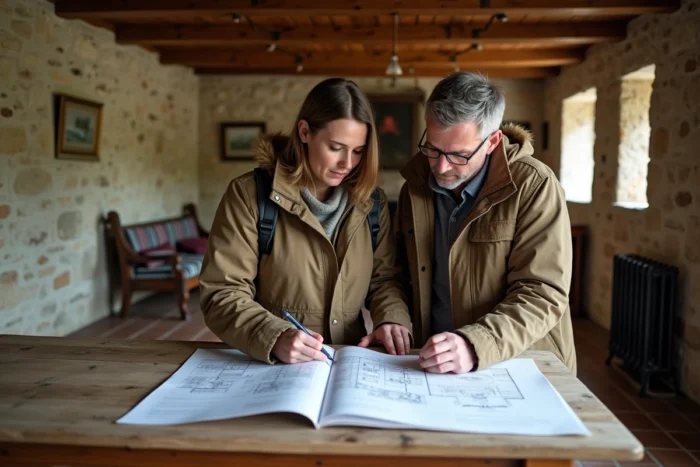 Couple étudiant les démarches administratives pour l'achat d'une maison éclusière en Bretagne, Morbihan