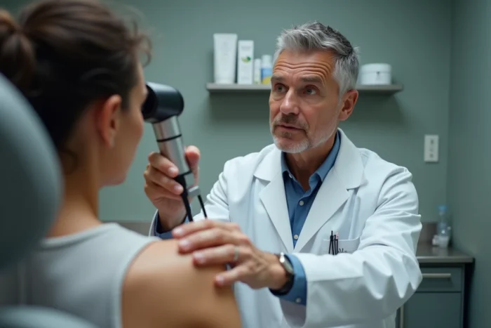 Dermatologue utilisant un dermoscope pour examiner la peau d'un patient