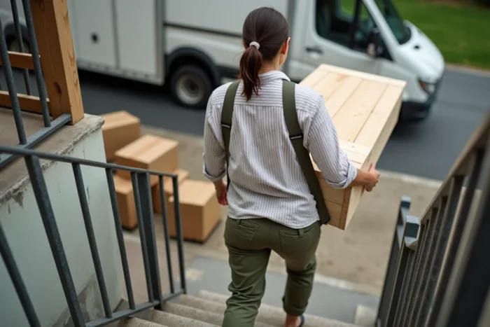 Femme utilisant des sangles de déménagement pour descendre un sommier en bois par un escalier extérieur