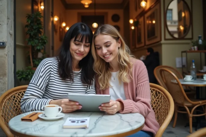 Deux amies comparant les meilleures affaires des soldes Johanna Paris sur une tablette dans un café parisien