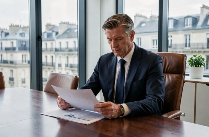 Dirigeant d'une grande compagnie d'assurance française en réunion dans une salle de conseil parisienne, consultant des documents financiers