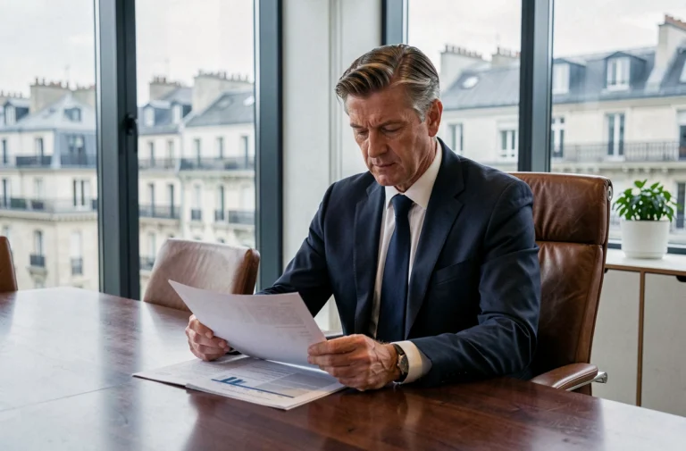 Dirigeant d'une grande compagnie d'assurance française en réunion dans une salle de conseil parisienne, consultant des documents financiers