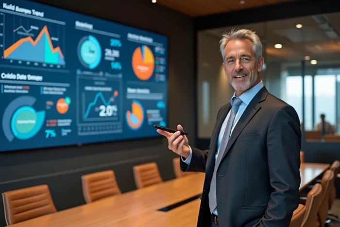 Dirigeant d'entreprise présentant les tendances business 2024 sur un écran numérique en salle de conférence
