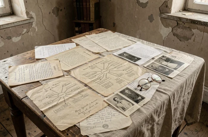 Documenti genealogici antichi e ritratti di famiglia su un tavolo di legno, che tracciano origini familiari