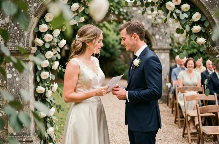 Mariés échangeant leurs vœux écrits à la main lors d'une cérémonie de mariage en plein air dans un jardin fleuri