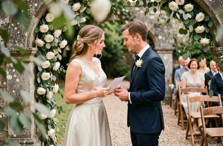 Mariés échangeant leurs vœux écrits à la main lors d'une cérémonie de mariage en plein air dans un jardin fleuri