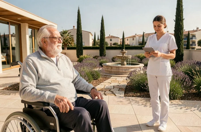 Senior resident in a wheelchair enjoying the accessible outdoor garden of a nursing home in Montpellier