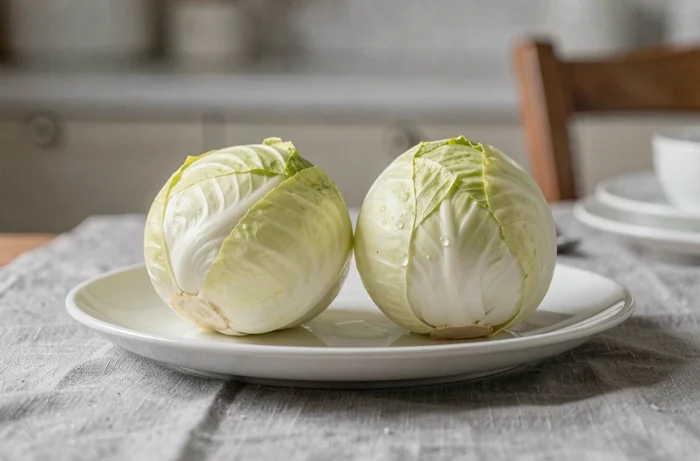 Two fresh endives with white-yellow leaves placed on a white ceramic plate on a French table
