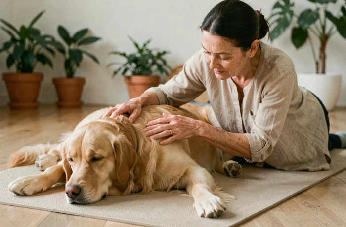 Femme pratiquant une séance d'énergétique sur un golden retriever allongé dans un studio de bien-être naturel