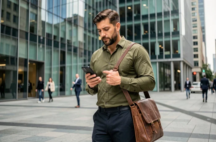 Imprenditore connesso che consulta il suo telefono davanti a un edificio per uffici in un quartiere d'affari urbano