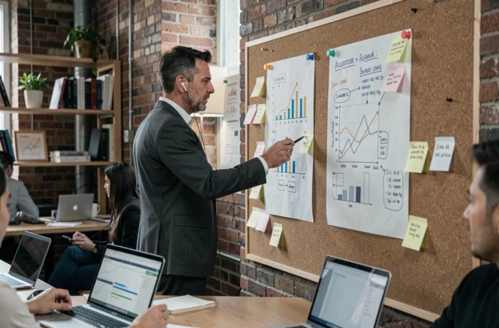 Imprenditore maschile in riunione in piedi in uno spazio di coworking analizzando una strategia aziendale