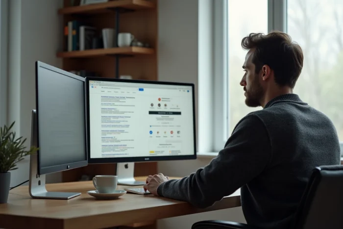 Entrepreneur masculin gérant la présence en ligne de sa marque depuis un bureau à domicile avec deux écrans